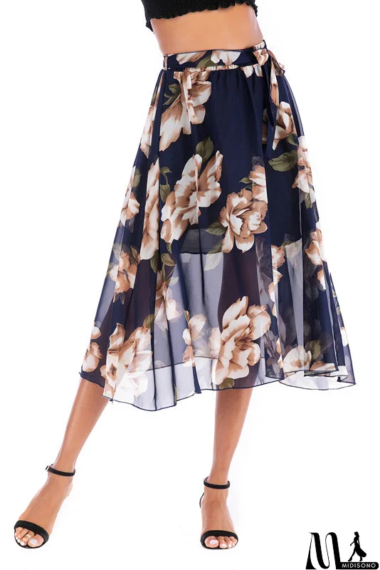MidiSono - Elastic Waist Blue Floral Print Chiffon Skirt