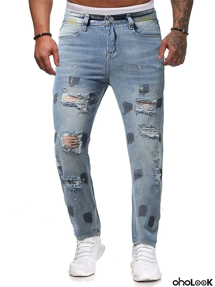 Men's Hip-Hop Style Big Black Dot Ripped Mid Waist Trendy Jeans