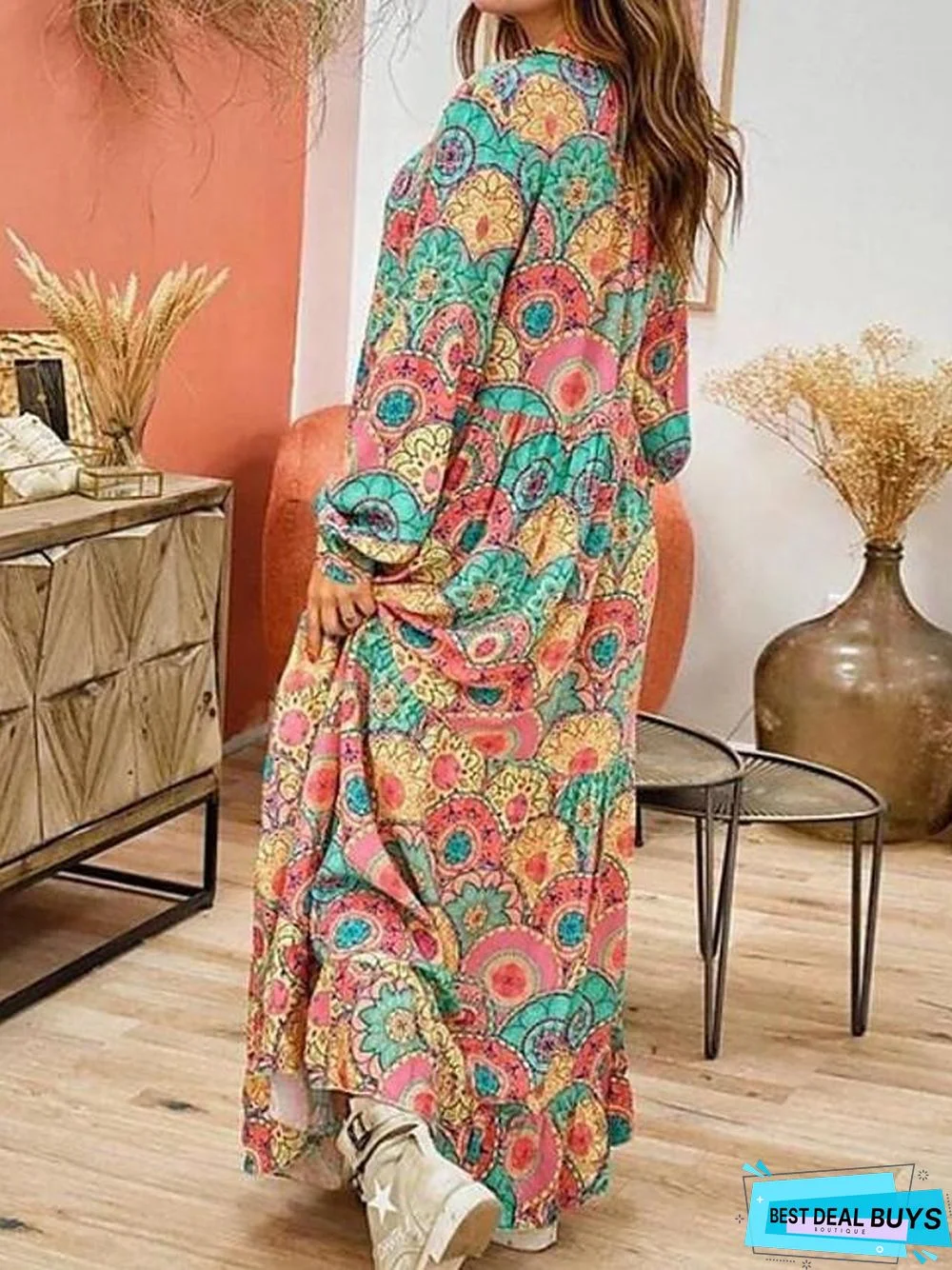 Women's Swing Dress Maxi Long Dress Long Sleeve Print Patchwork Print Summer Hot Casual Rainbow