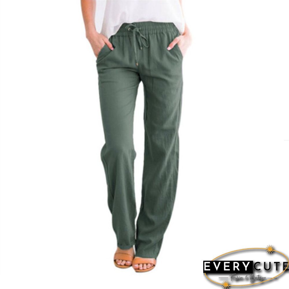 Summer Women's Cotton Linen Drawstring Loose Wide-Leg Pants Hot Sale Long Trousers With Pocket
