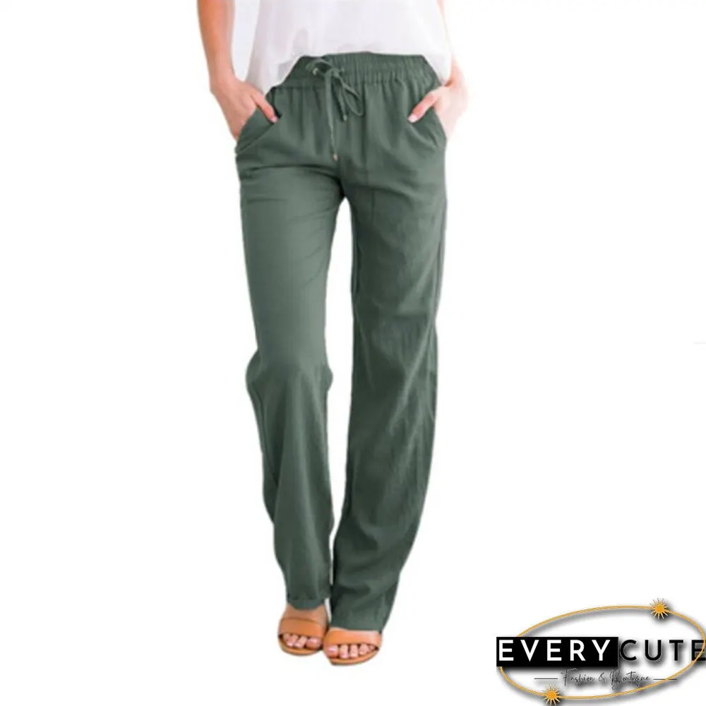Summer Women's Cotton Linen Drawstring Loose Wide-Leg Pants Hot Sale Long Trousers With Pocket