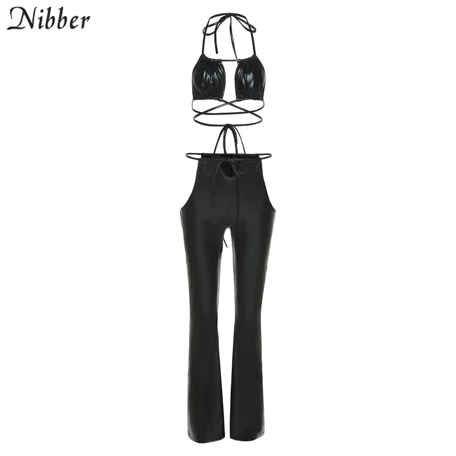 Nibber Lace Up Popular Faux Pu Leather Two Piece Set Women Halter Bra Hollow Out Trouser Co-Ord Outfit Sexy Club Wild Clothes