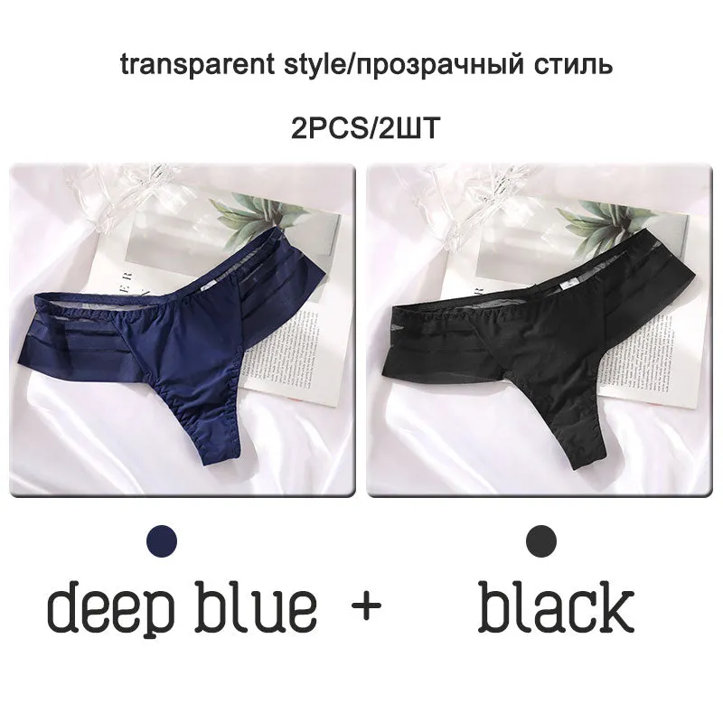 FINETOO 2Pcs/set Sexy Thongs Women Low Waist G-string Panties Fashion Hollow Out Seamless Underwear Perspective Underpants 2021