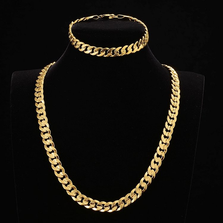24k New  big chunk gold 60cm Necklace 21cm bracelet Trendy 9MM Width Cuban Chain Men Necklace Bracelet