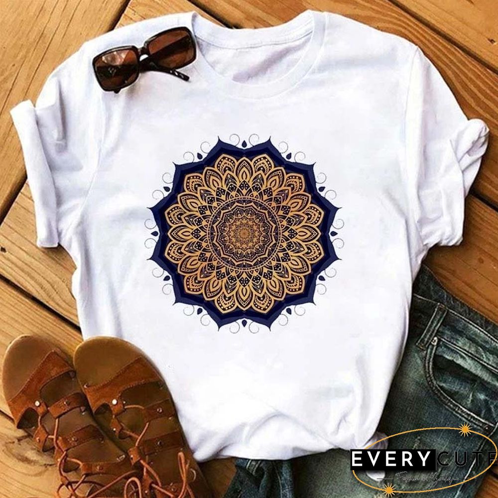 Maycaur New Mandala Floral Printed T Shirt Women Casual Fashion T-shirt Loose Short Sleeve 90s Girls Aesthetics Black Tshirt Top