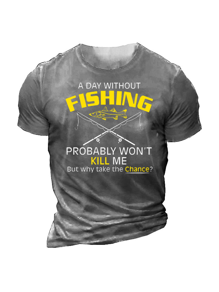 Fish Rod Fishing Print Loose Men's T-shirt