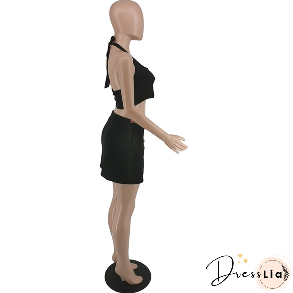 Plus Size Summer Solid Women Square Neck Sleeveless Crop Top+Elastic Waist Mini Skirt 2 Piece Set