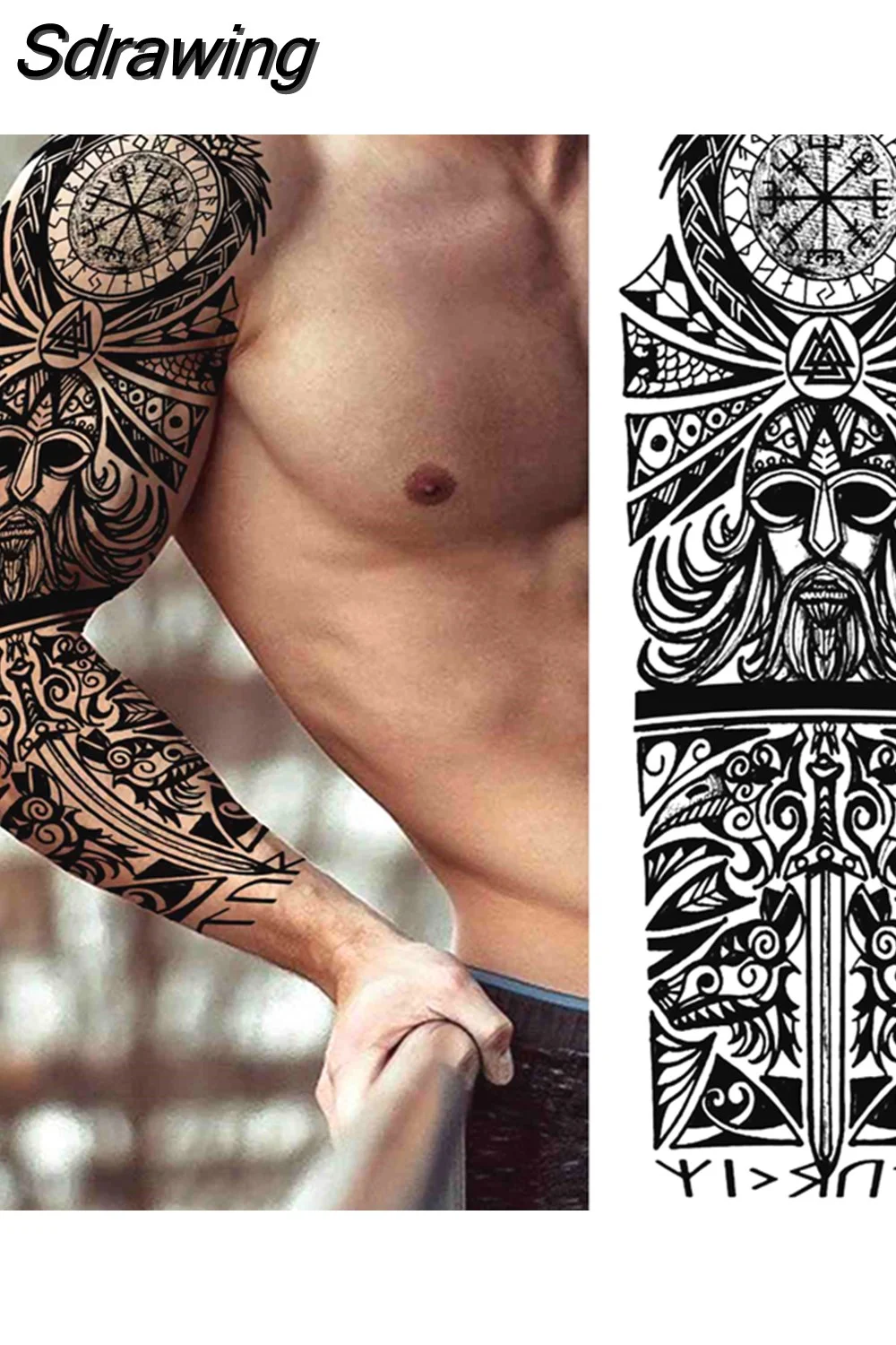 Sdrawing Arm Temporary Tattoos Sleeve For Men Women Realistic Fake Tatoos Warrior Lion Tiger Flower Tatoo Sticker Black Totem Maori 507-1