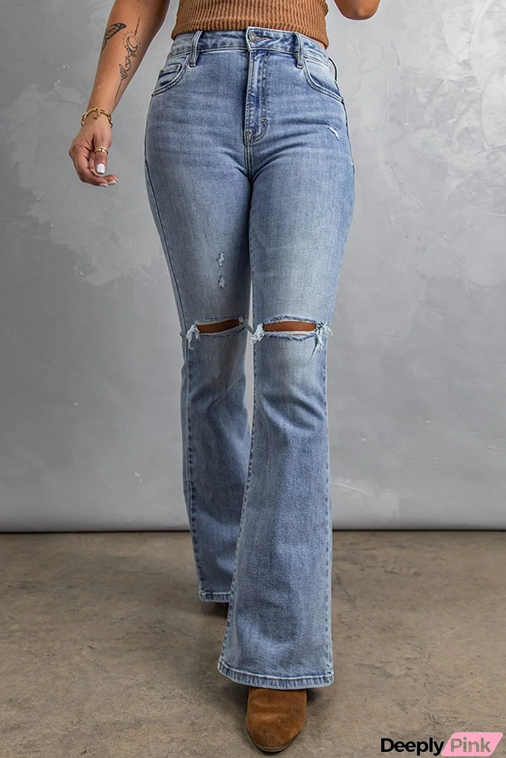 Wash Knee Slits Ripped Flare Jeans
