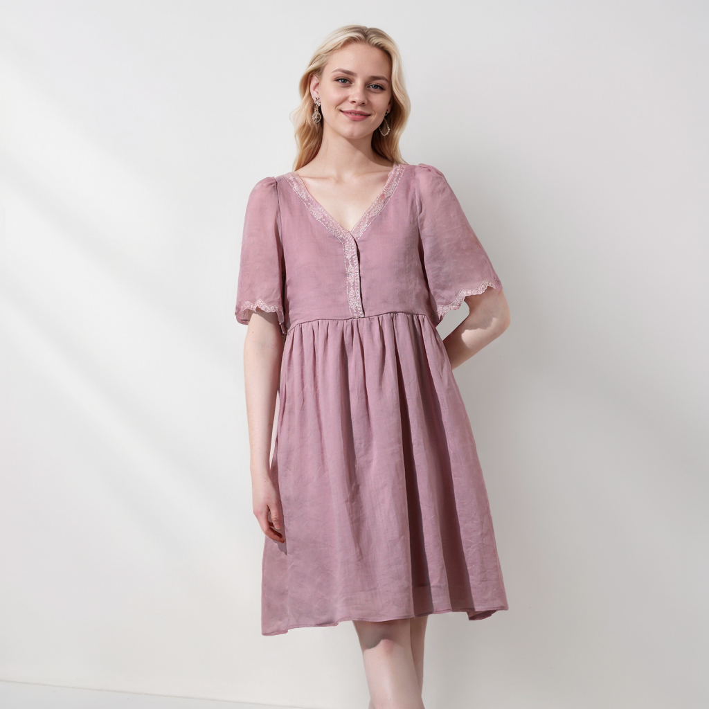 Pure Ramie Embroidered Dress V-neck Medium Length REAL SILK LIFE