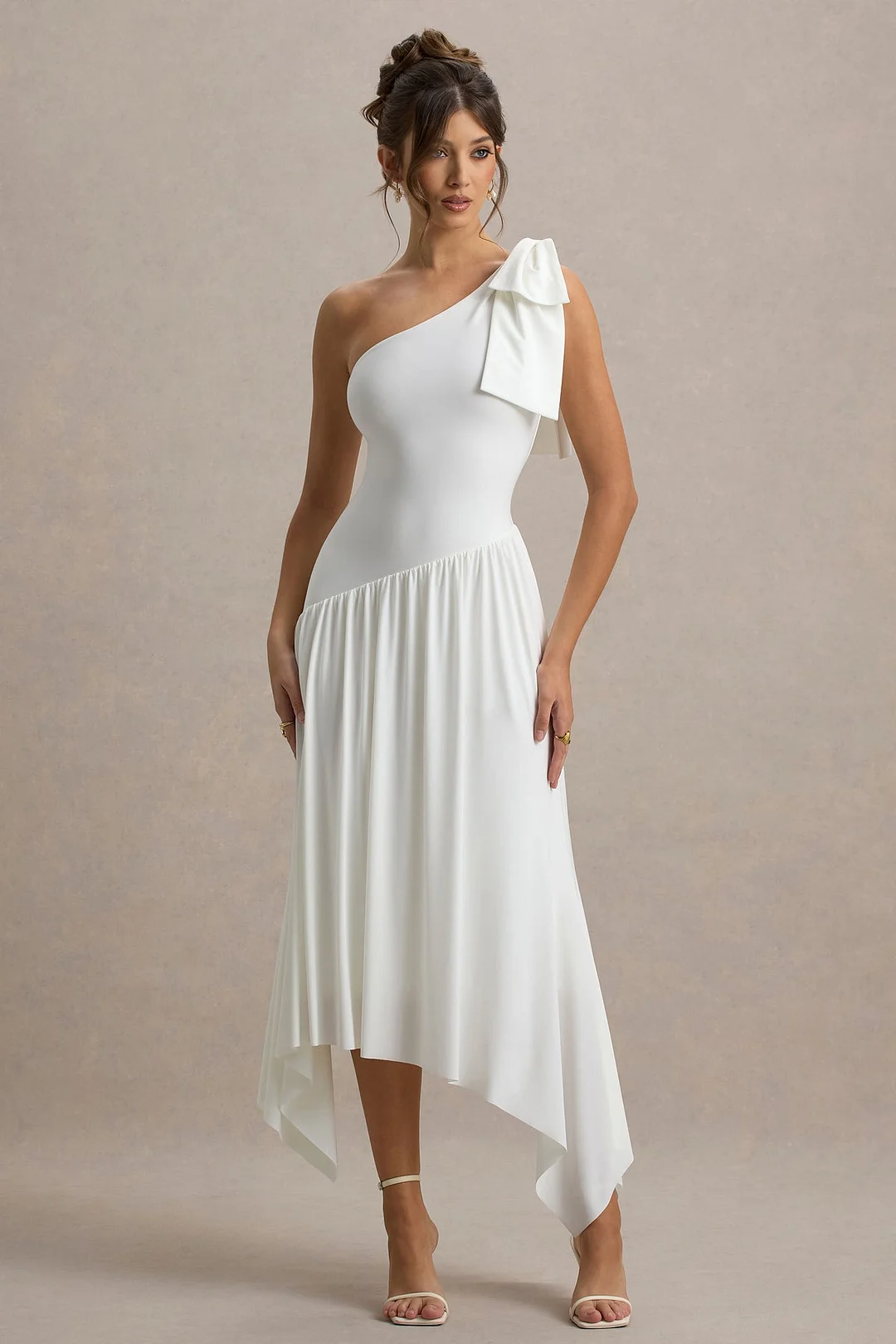 Miabel Simple White Satin One Shoulder Bow Sleeveless Prom Dress with Pleated 