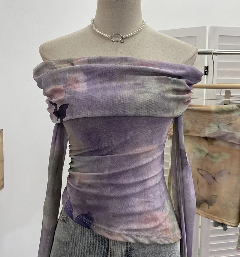 Uveng Real Shooting Design Dizzling A Word On The Shoulder Of The Women's Net Exposed Shoulder Long Sleeves Irregularly Folded Short T-Shirt 1198