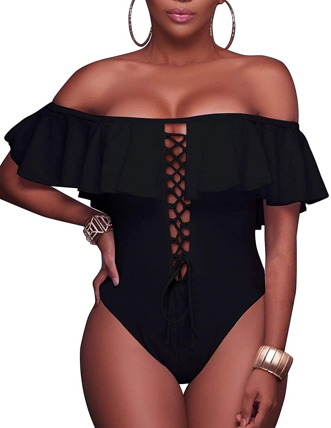 Women's Sexy One Piece Lace Up Ruffled Off Shoulder Flounce Swimsuits