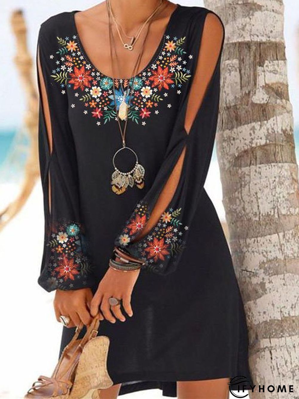 Cotton-Blend Floral Vintage Long Sleeve Weaving Tunic Dress | IFYHOME