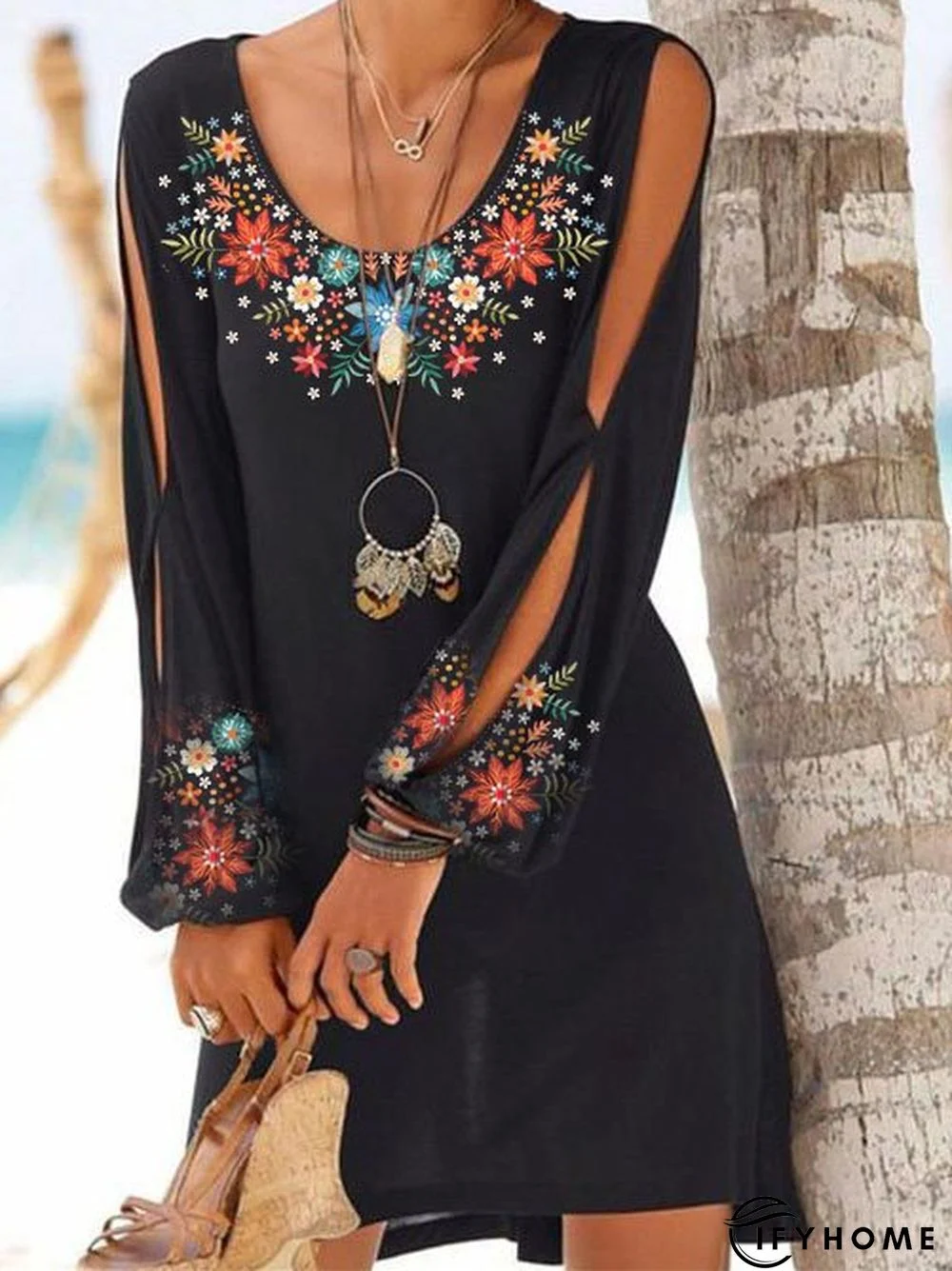 Cotton-Blend Floral Vintage Long Sleeve Weaving Tunic Dress | IFYHOME