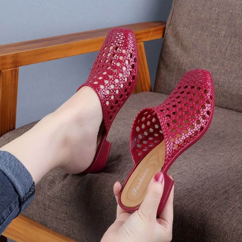 2021 Beach Shoes Slippers,Soft Women's Sandals,Hollow Out Mid Heels,Korea Style Footwear,Antiskid,BLACK,APRICOT,RED,Dropshipping