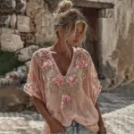 Women's Floral Embroidered Art Flowy Linen Blend Short Sleeve Casual Tops - Image 2