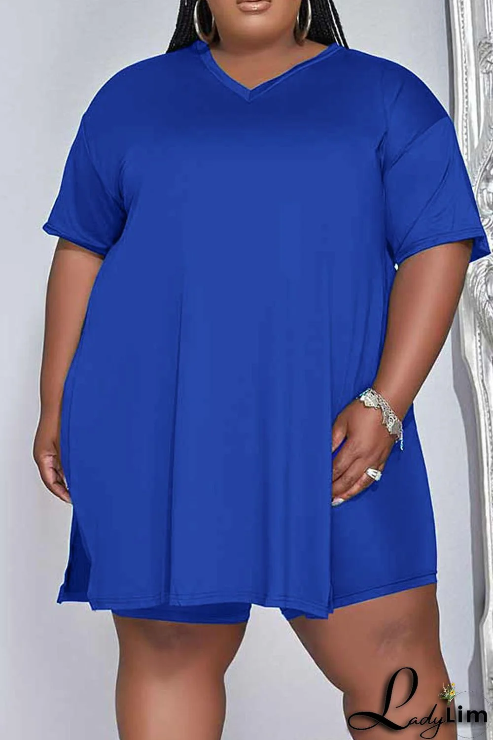 Green Casual Solid Patchwork V Neck Plus Size Two Pieces