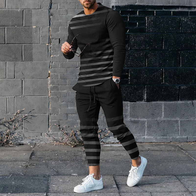 Men's Striped Gradient Long Sleeve T-Shirt And Pants