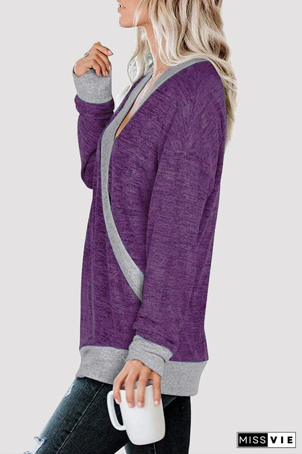 Casual Patchwork Basic Contrast V Neck Tops