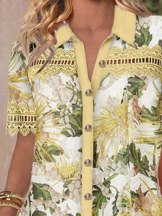 Women's Short Sleeve V-neck Lace Graphic Hollow Stitching Top