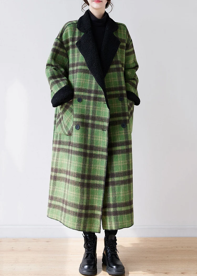 French Green Plaid Notched Wear On Both Sides Warm Fleece Faux Fur Trench Coats Long Sleeve