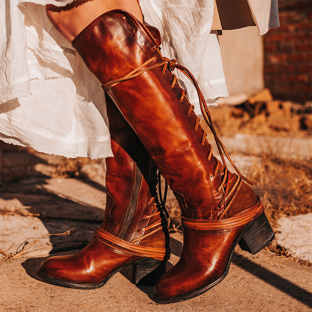 Vintage Brown Round Toe Lace Up Knee-High Boots with Chunky Heel