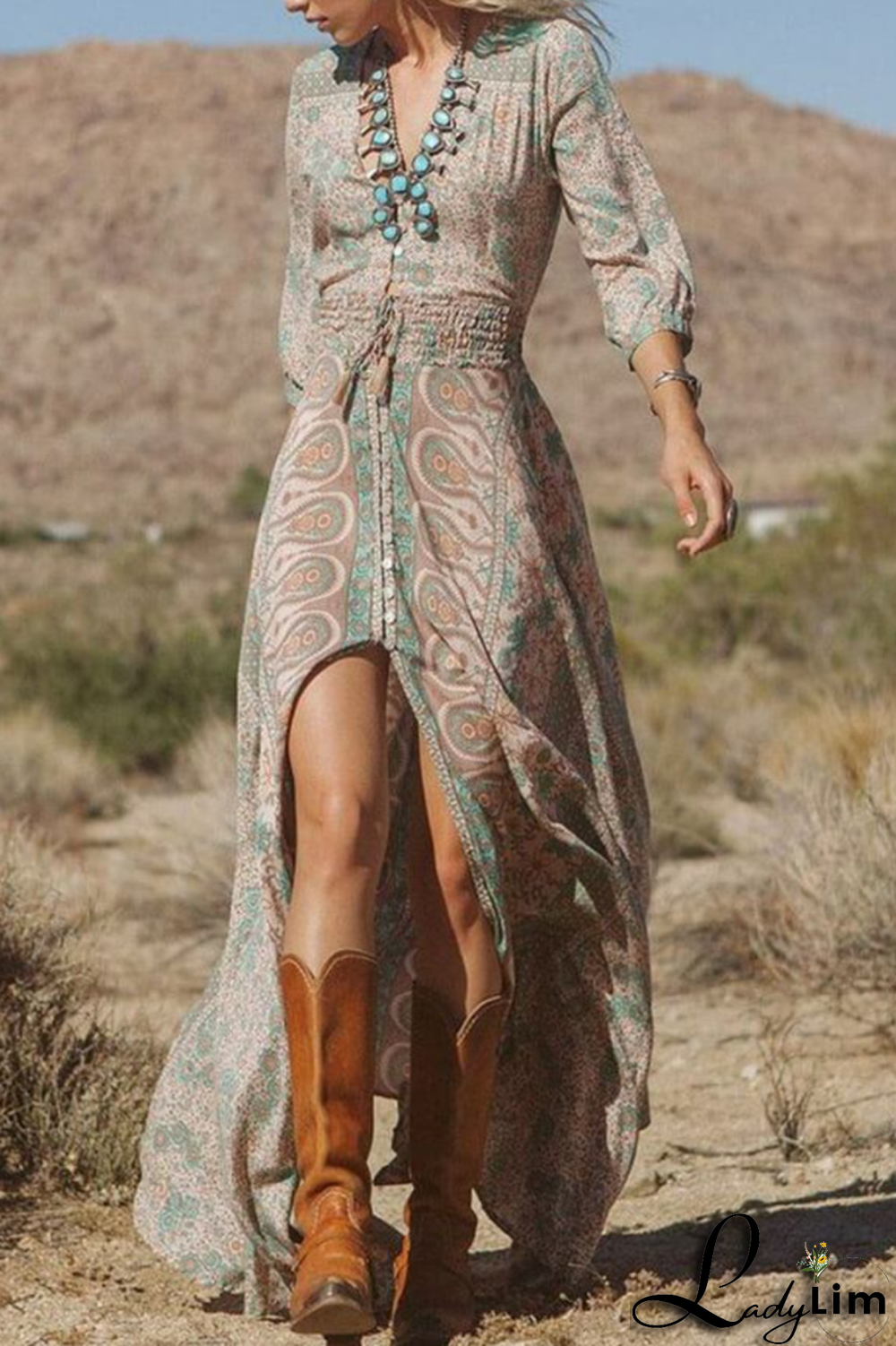 Green Boho Style Floral Chiffon Maxi Dress