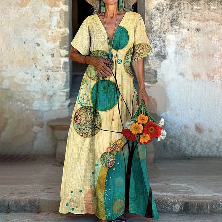 Vintage Floral Art Pattern Painting V-neck Dress