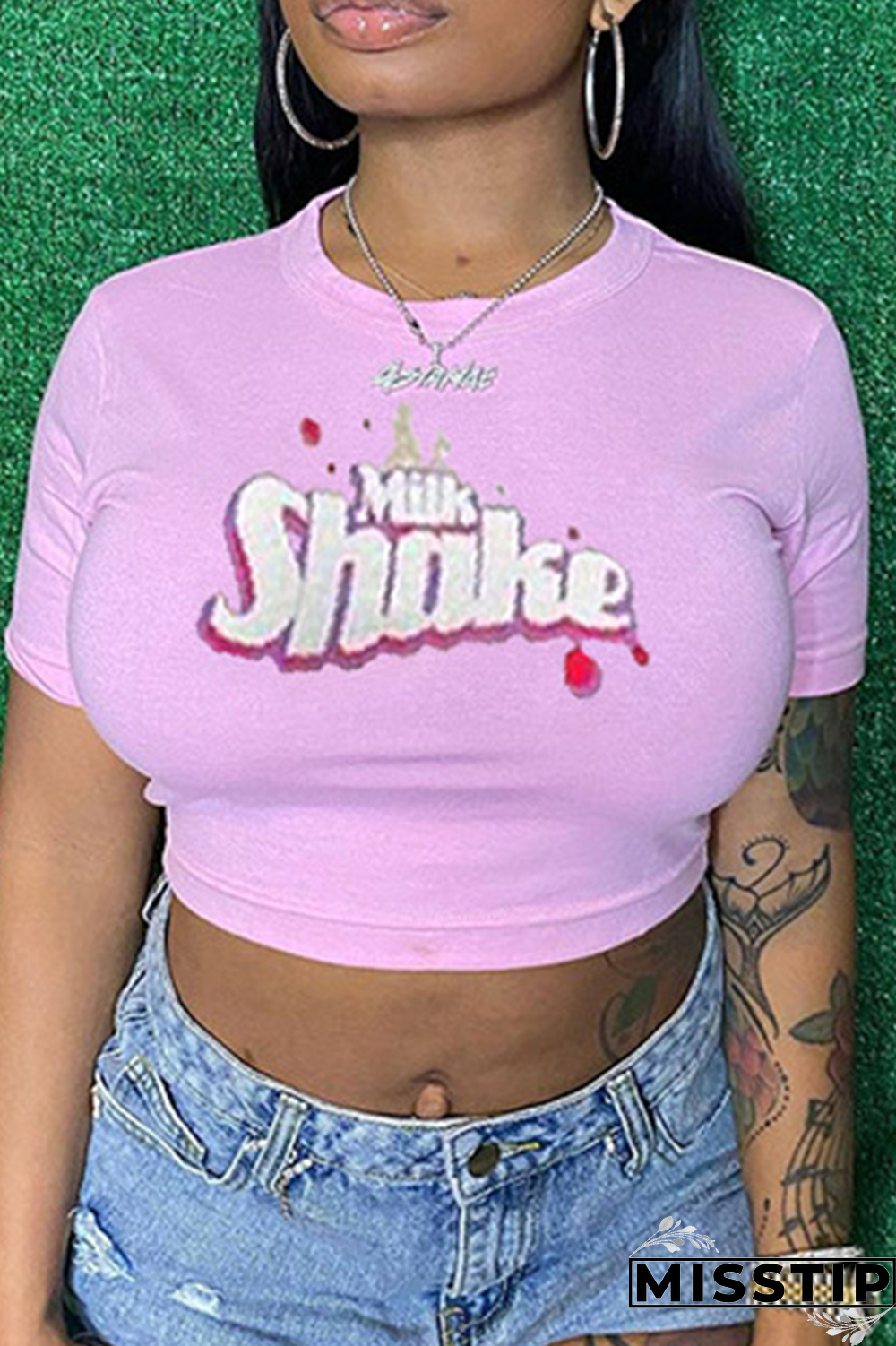 Pink Casual Print Patchwork O Neck Mid Waist T-Shirts