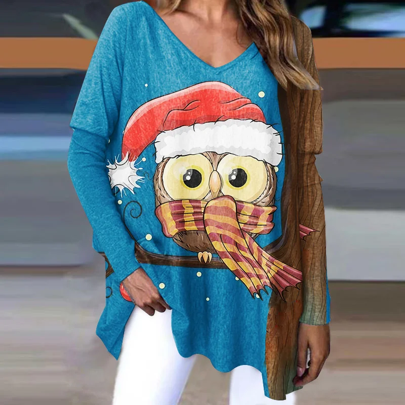 Christmas Hat Owl Print Oversized Long Sleeves Blouse