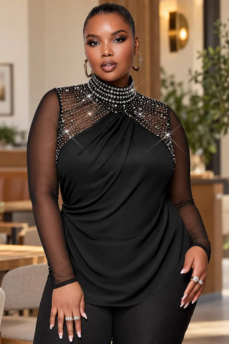 Xpluswear Design Plus Size Party Black Mock Neck Long Sleeve Drilling See Through Tulle Tops [Pre-Order] 2024 - Xpluswear