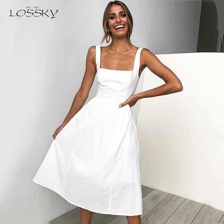Lossky Casual Solid Dress Women Midi Long Summer Sexy Backless Slip Dresses Ruched Fashion Elegant Party Clothes Leisure 2021