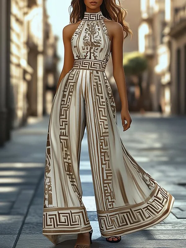 Printed Wide Leg Sleeveless Halter-Neck Jumpsuits