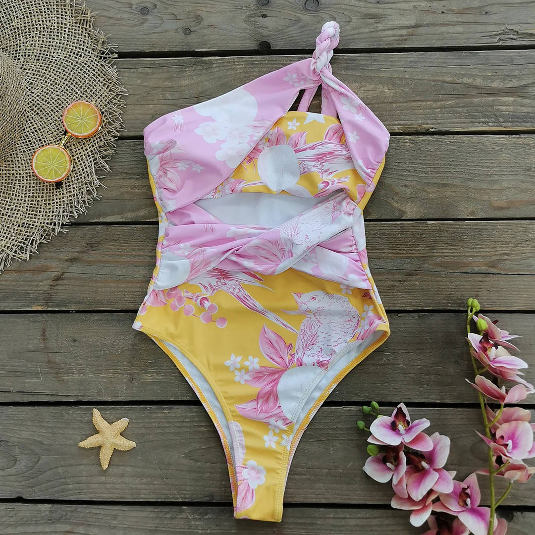 Churchf Solid Color Cross-Shoulder Hollow One-Piece Swimsuit Women 2025 New High-Waisted Integrated Export Swimsuit