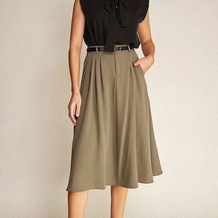Tan Belted Pleat Detail Midi Skirt QueenFunky