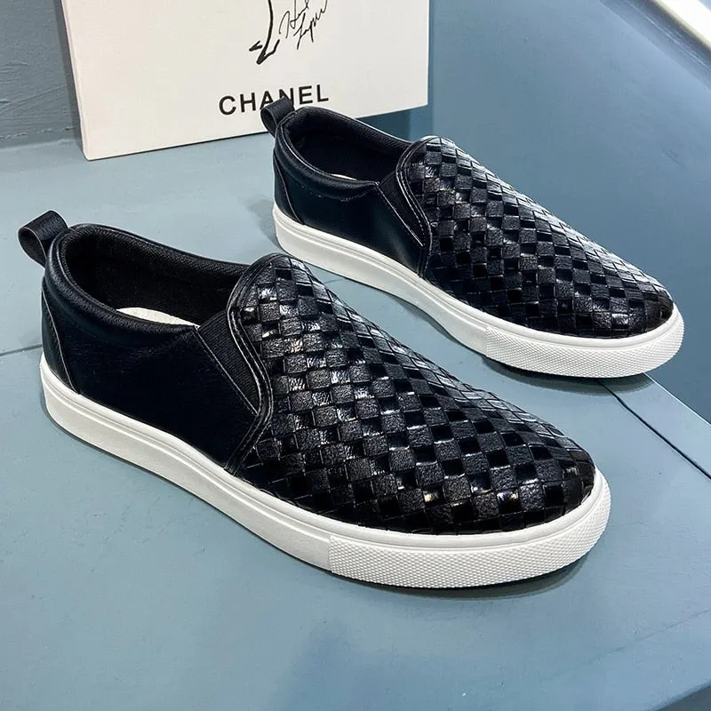 Plus Size 39-46 Men Casual Leather Loafers Slip On Weave Pattern Artificial Leather Low Heel Men Leather Moccasins