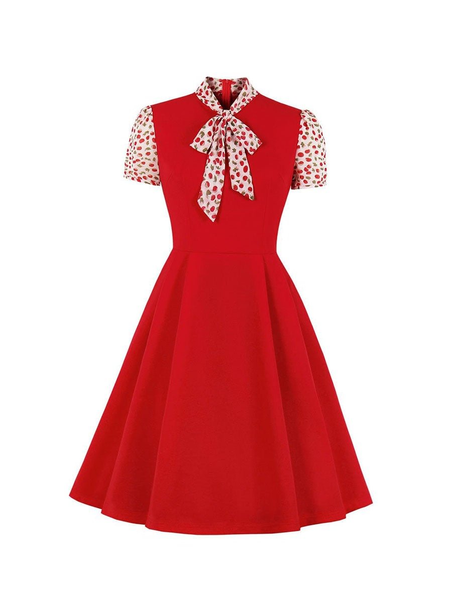 Women's Vintage Swing Dress Bow Contrast Stitching Elegant Dress
