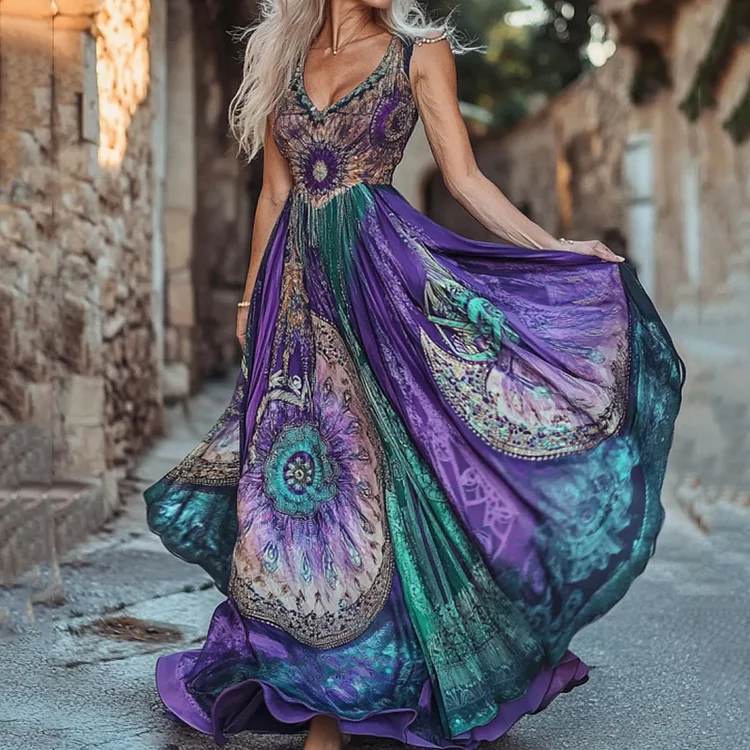 Vintage Boho Gradient Tribal Pattern Cotton Linen V Neck Mixi Dress