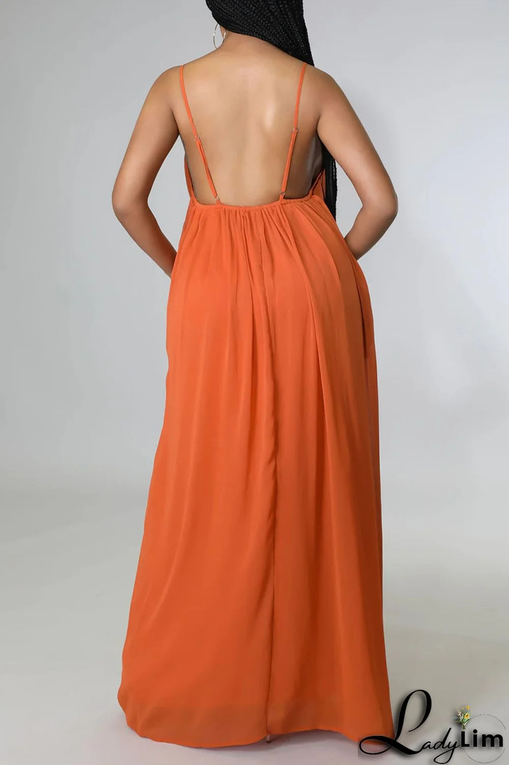 Orange Red Casual Solid Split Joint Backless Spaghetti Strap Sling Dress Dresses