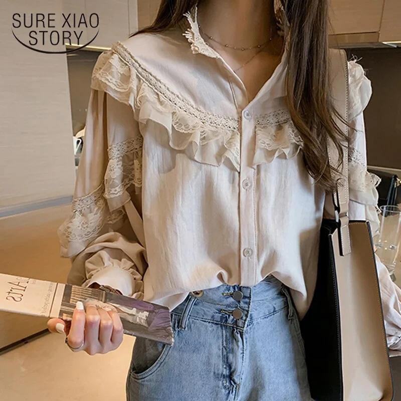 2022 Blusas Casual Women Tops and Blouses Lace Blouse Vintage Women Autumn Lantern Long Sleeve Top Elegant Loose Shirt Fashion