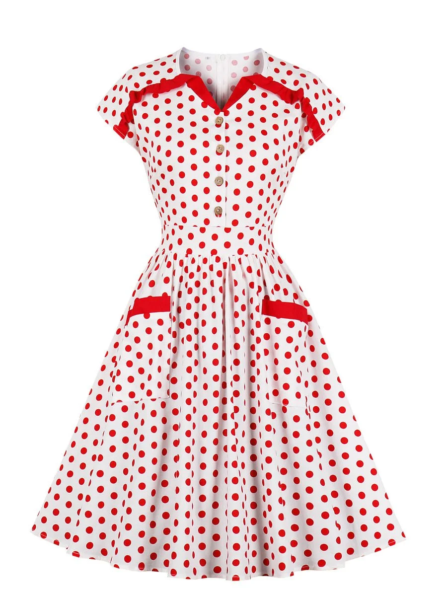 1950's Dress Polka Dots Lace Button Up with Pockets Audrey Hepburn Dresses