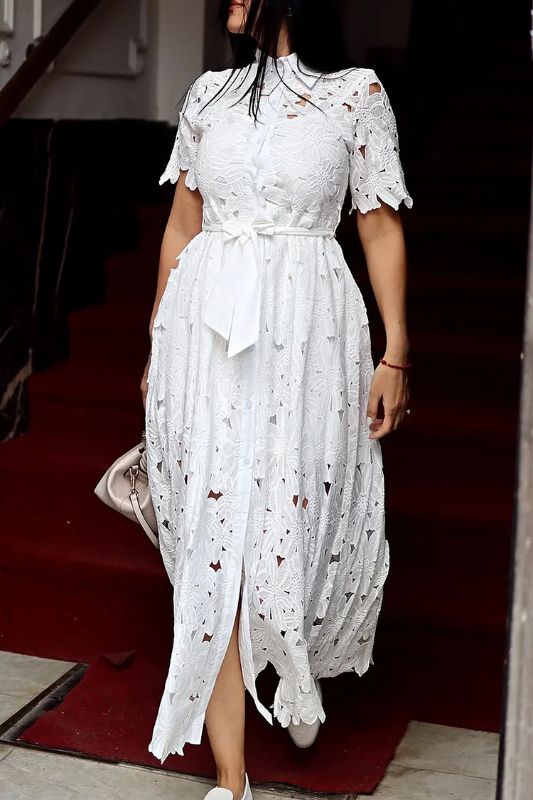 Plus Size Vacation White Elegant Shirt Collar Short Sleeve Button Guipure Lace Maxi Dresses [Pre-Order] 2024 - Xpluswear