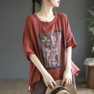 Women Summer Loose Retro Print T-Shirt Plus Size