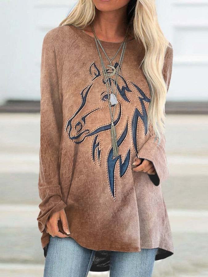 Western Horse Print V-Neck Long Sleeve T-Shirt