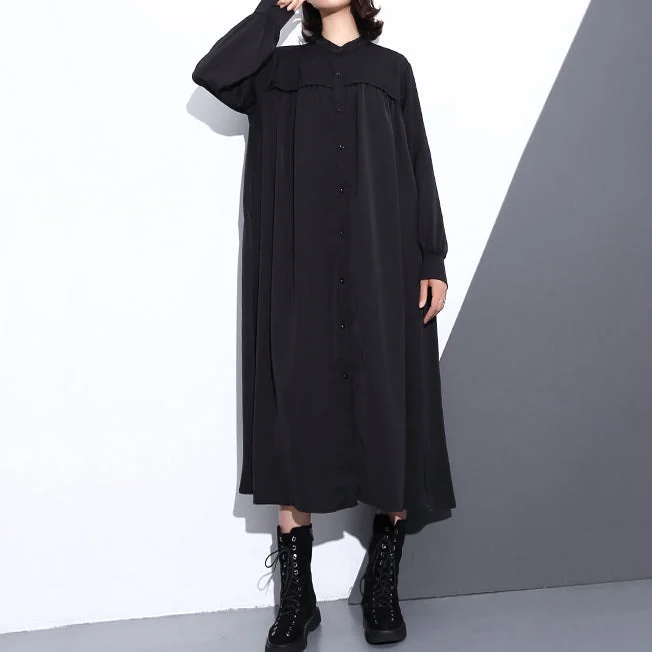 Fine black long silk cotton blended dress oversized stand collar traveling dress vintage pockets Cinched dresses