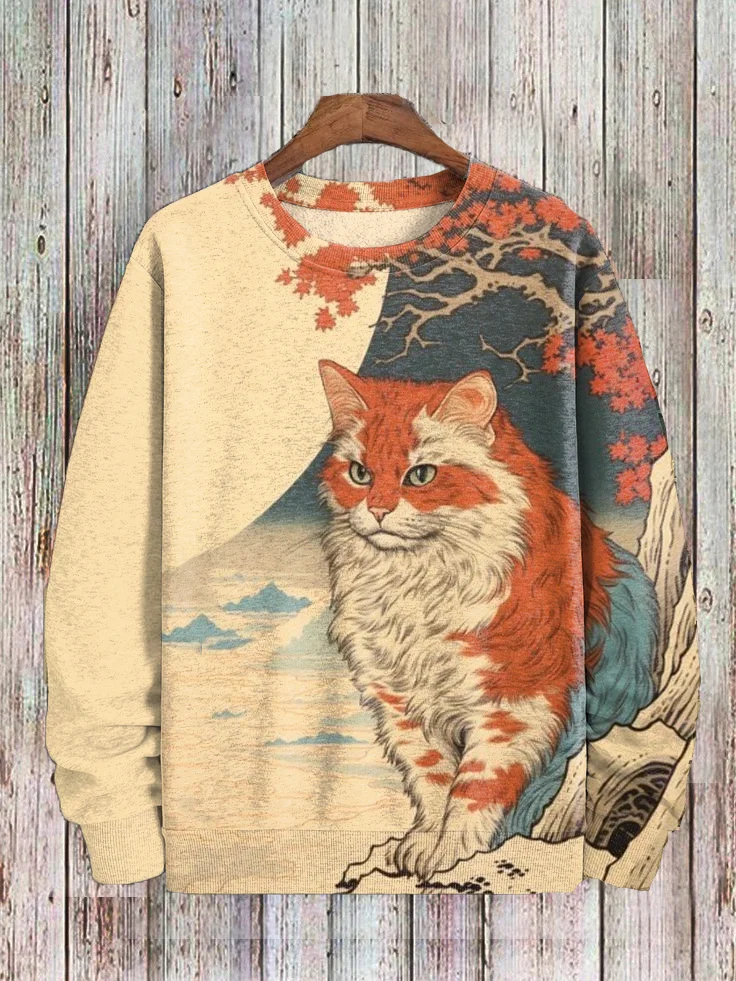 Men's Japanese Art Scenery Cat Print Casual Sweatshirt