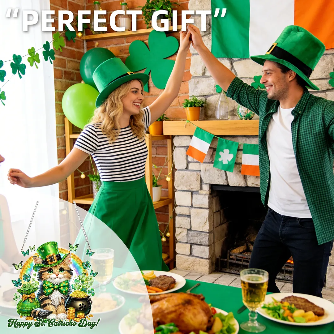 St Patricks Day Cat DIY 2D Flat Acrylic Diamond Painting Kits 5D Diamond Art Painting Window Pendants for Home Garden Wall Decoration