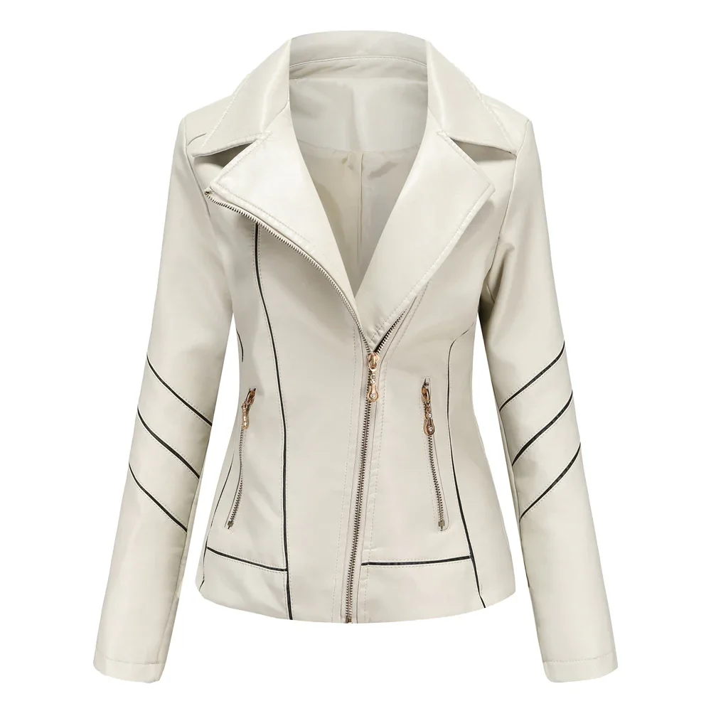Slim Fit Stand Collar Leather Jacket For Women