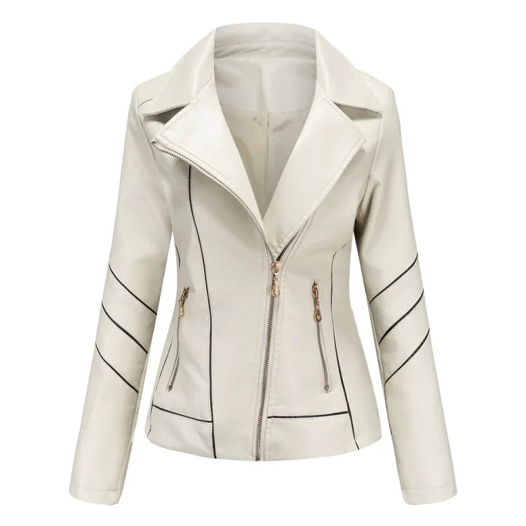 Slim Fit Stand Collar Leather Jacket For Women